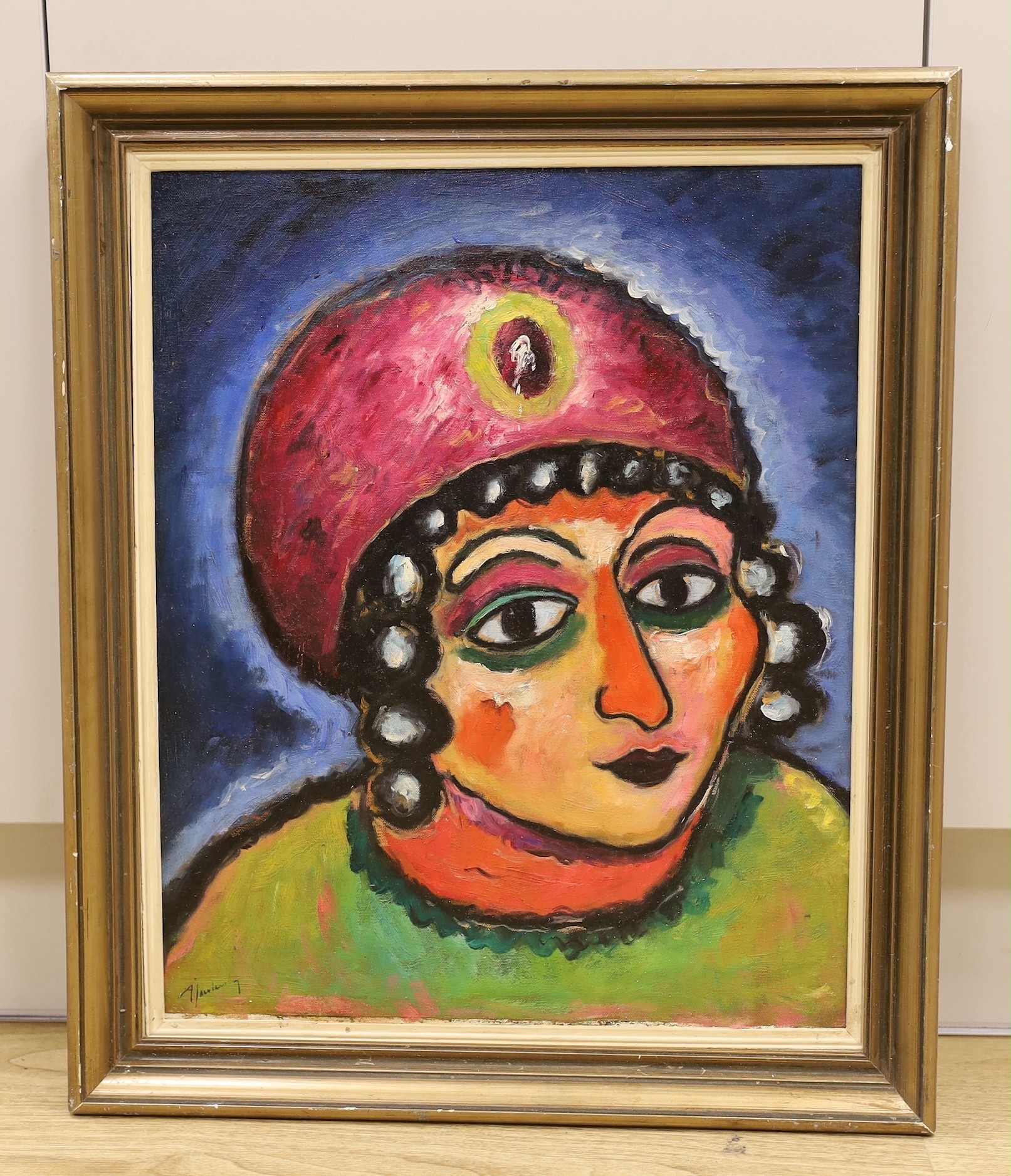 After Alexej Von Jawlensky, oil board, 'Barbarian Princess', indistinctly signed, 51 x 41cm